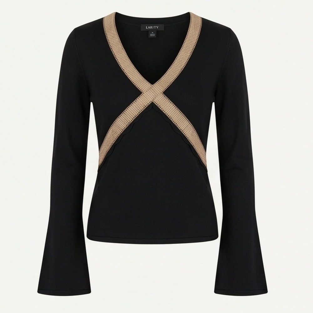 Larry Levine Sport M Black‎ Bell Sleeve V-Neck Sweater NWT SW6FIKINC M Vintage